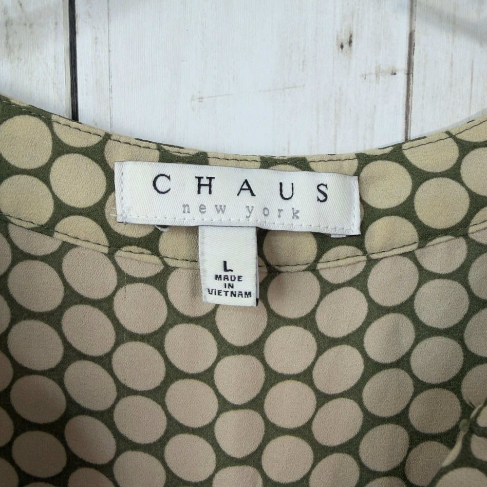 Chaus New York Women's Green Polka Dot V-Neck Roll Tab Sleeve Blouse Size L - Picture 4 of 5